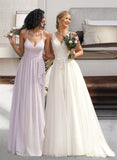 Angelica A-Line V-neck Asymmetrical Bridesmaid Dress With Ruffle Split Front STKP0012799