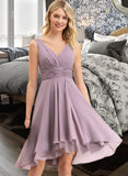 Gabriela A-line V-Neck Asymmetrical Chiffon Bridesmaid Dress With Ruffle STKP0012801