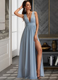 Elle A-LineV-neckFloor-LengthChiffonBridesmaidDressWithSplitFront#251360 STKP0012804