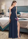 Yamilet A-Line One-Shoulder Floor-Length Chiffon Lace Bridesmaid Dress With Split Front STKP0012808