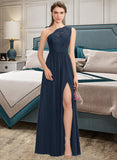 Yamilet A-Line One-Shoulder Floor-Length Chiffon Lace Bridesmaid Dress With Split Front STKP0012808