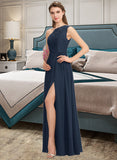 Yamilet A-Line One-Shoulder Floor-Length Chiffon Lace Bridesmaid Dress With Split Front STKP0012808