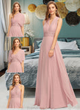 Eileen A-Line One-Shoulder Halter V-neck Floor-Length Chiffon Bridesmaid Dress With Ruffle STKP0012813