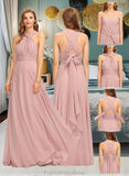 Eileen A-Line One-Shoulder Halter V-neck Floor-Length Chiffon Bridesmaid Dress With Ruffle STKP0012813