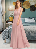 Eileen A-Line One-Shoulder Halter V-neck Floor-Length Chiffon Bridesmaid Dress With Ruffle STKP0012813