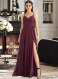 Amira A-Line V-neck Floor-Length Bridesmaid Dress With Ruffle Split Front STKP0012815