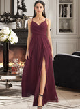 Amira A-Line V-neck Floor-Length Bridesmaid Dress With Ruffle Split Front STKP0012815