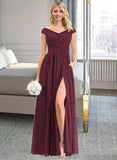 Clare A-Line Off-the-Shoulder Floor-Length Chiffon Bridesmaid Dress With Ruffle Split Front Pockets STKP0012819