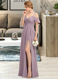 Sanaa A-Line V-neck Floor-Length Chiffon Bridesmaid Dress With Ruffle Split Front Cascading Ruffles STKP0012822