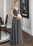 Stacy A-Line V-neck Floor-Length Chiffon Bridesmaid Dress With Ruffle Beading Sequins STKP0012823