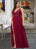 Aubree A-Line V-neck Floor-Length Chiffon Bridesmaid Dress With Lace Sequins Split Front STKP0012830