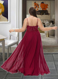 Aubree A-Line V-neck Floor-Length Chiffon Bridesmaid Dress With Lace Sequins Split Front STKP0012830