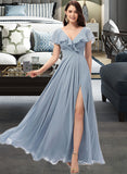 Sanaa A-Line V-neck Floor-Length Bridesmaid Dress With Split Front STKP0012832