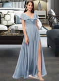 Sanaa A-Line V-neck Floor-Length Bridesmaid Dress With Split Front STKP0012832