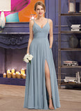 Itzel A-Line V-neck Floor-Length Chiffon Bridesmaid Dress With Ruffle Pockets STKP0012834