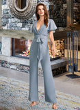 Angelina Jumpsuit/Pantsuit V-neck Floor-Length Bridesmaid Dress With Ruffle STKP0012837