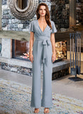 Angelina Jumpsuit/Pantsuit V-neck Floor-Length Bridesmaid Dress With Ruffle STKP0012837