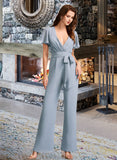 Angelina Jumpsuit/Pantsuit V-neck Floor-Length Bridesmaid Dress With Ruffle STKP0012837