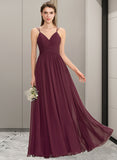 Cheyanne A-line V-Neck Floor-Length Chiffon Lace Bridesmaid Dress With Ruffle STKP0012839