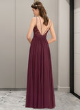 Cheyanne A-line V-Neck Floor-Length Chiffon Lace Bridesmaid Dress With Ruffle STKP0012839