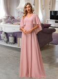 Kierra A-Line V-neck Floor-Length Bridesmaid Dress With Lace STKP0012842