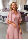 Kierra A-Line V-neck Floor-Length Bridesmaid Dress With Lace STKP0012842