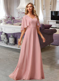 Kierra A-Line V-neck Floor-Length Bridesmaid Dress With Lace STKP0012842