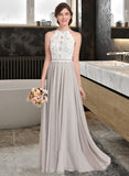 Talia A-Line Scoop Neck Floor-Length Chiffon Lace Bridesmaid Dress STKP0012848