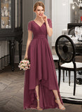 Kianna A-Line V-neck Asymmetrical Chiffon Lace Bridesmaid Dress With Ruffle STKP0012850