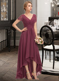 Kianna A-Line V-neck Asymmetrical Chiffon Lace Bridesmaid Dress With Ruffle STKP0012850