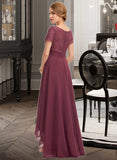 Kianna A-Line V-neck Asymmetrical Chiffon Lace Bridesmaid Dress With Ruffle STKP0012850