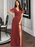 Sandy A-Line V-neck Floor-Length Bridesmaid Dress With Split Front STKP0012856