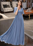 Aubree A-line V-Neck Floor-Length Chiffon Bridesmaid Dress With Ruffle STKP0012857