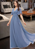 Aubree A-line V-Neck Floor-Length Chiffon Bridesmaid Dress With Ruffle STKP0012857