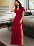 Pam A-line V-Neck Floor-Length Chiffon Bridesmaid Dress STKP0012858