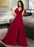 Pam A-line V-Neck Floor-Length Chiffon Bridesmaid Dress STKP0012858