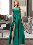 Phoenix Ball-Gown/Princess Off-the-Shoulder Floor-Length Satin Bridesmaid Dress With Split Front Pockets STKP0012866