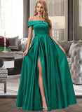 Phoenix Ball-Gown/Princess Off-the-Shoulder Floor-Length Satin Bridesmaid Dress With Split Front Pockets STKP0012866