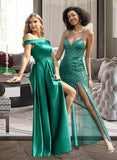 Phoenix Ball-Gown/Princess Off-the-Shoulder Floor-Length Satin Bridesmaid Dress With Split Front Pockets STKP0012866