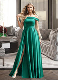 Phoenix Ball-Gown/Princess Off-the-Shoulder Floor-Length Satin Bridesmaid Dress With Split Front Pockets STKP0012866