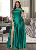 Phoenix Ball-Gown/Princess Off-the-Shoulder Floor-Length Satin Bridesmaid Dress With Split Front Pockets STKP0012866