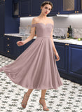 Viv A-Line Off-the-Shoulder Tea-Length Chiffon Lace Bridesmaid Dress With Beading Sequins STKP0012867