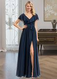 Emmalee A-Line V-neck Floor-Length Chiffon Bridesmaid Dress With Bow(s) Split Front Cascading Ruffles STKP0012868