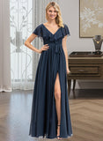 Emmalee A-Line V-neck Floor-Length Chiffon Bridesmaid Dress With Bow(s) Split Front Cascading Ruffles STKP0012868