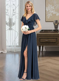 Emmalee A-Line V-neck Floor-Length Chiffon Bridesmaid Dress With Bow(s) Split Front Cascading Ruffles STKP0012868