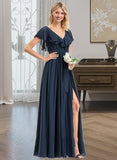 Emmalee A-Line V-neck Floor-Length Chiffon Bridesmaid Dress With Bow(s) Split Front Cascading Ruffles STKP0012868