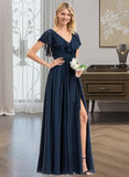 Emmalee A-Line V-neck Floor-Length Chiffon Bridesmaid Dress With Bow(s) Split Front Cascading Ruffles STKP0012868