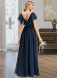 Emmalee A-Line V-neck Floor-Length Chiffon Bridesmaid Dress With Bow(s) Split Front Cascading Ruffles STKP0012868