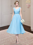 Carlee A-Line V-neck Tea-Length Chiffon Bridesmaid Dress With Ruffle STKP0012871