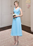 Carlee A-Line V-neck Tea-Length Chiffon Bridesmaid Dress With Ruffle STKP0012871